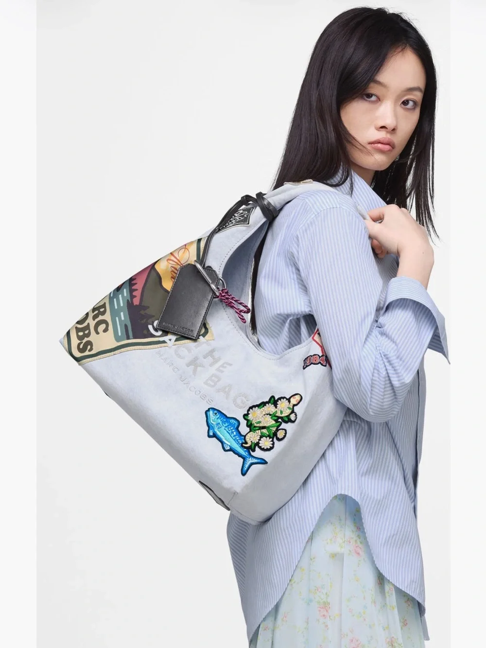 NWT Rare - Marc Jacobs Light Gray Canvas Hobo with Colorful Patchwork